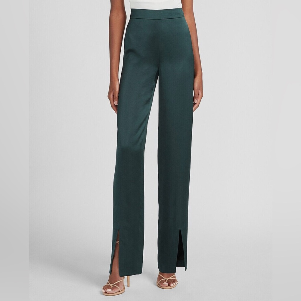 EXPRESS Satin Emerald Green High Waisted Front Slit Straight Pants